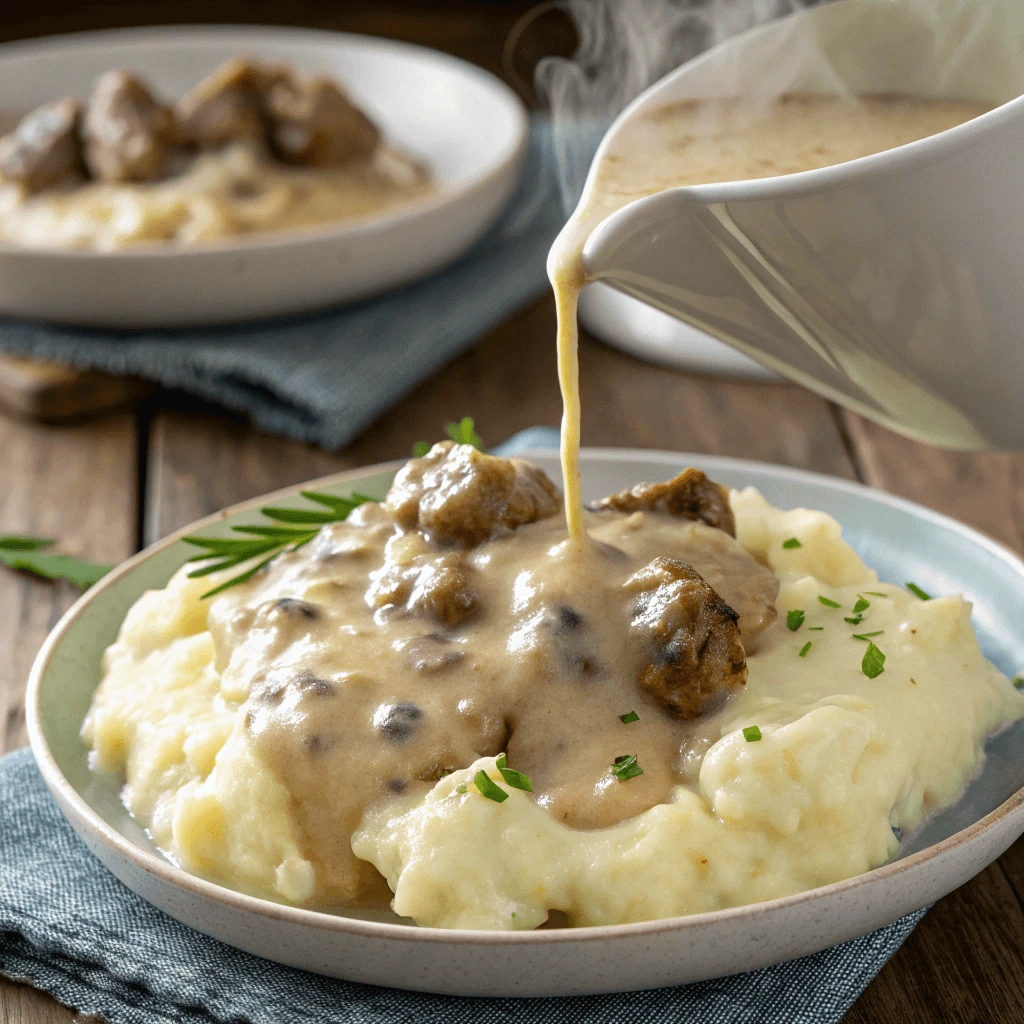 Rich creamy sausage turkey fat gravy poured over mashed potatoes.