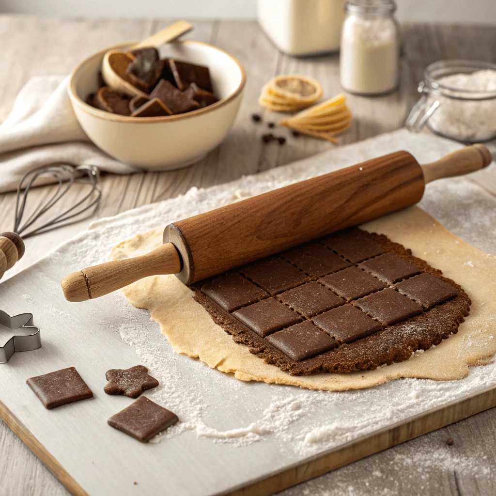 Rolled-out chocolate graham cracker dough with cookie cutters ready for baking