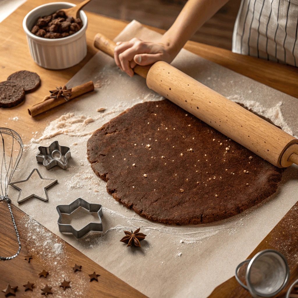 Rolling out chocolate graham cracker dough with a rolling pin