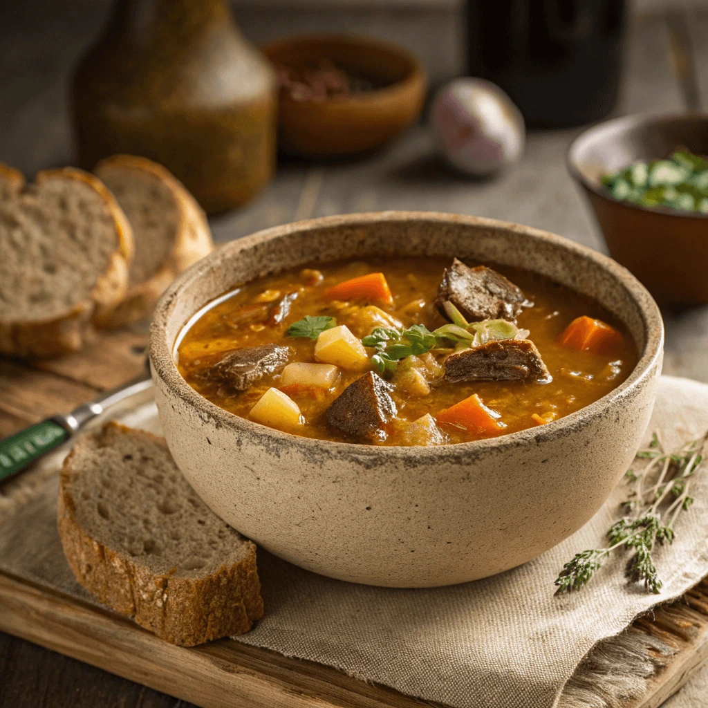 Hearty carnivore soup made with beef and bone broth in a rustic bowl.