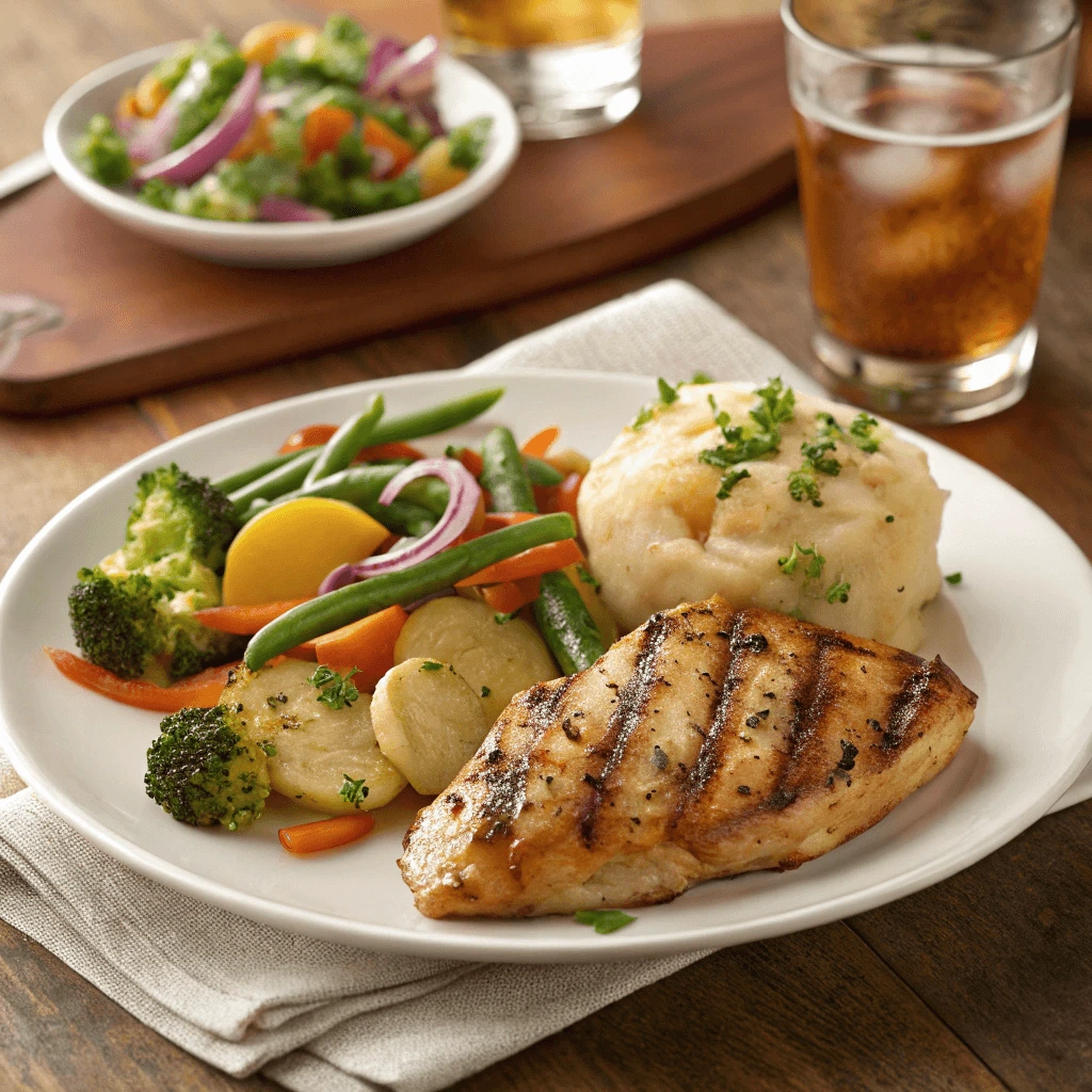 Smothered potatoes served alongside grilled chicken and steamed vegetables on a white plate