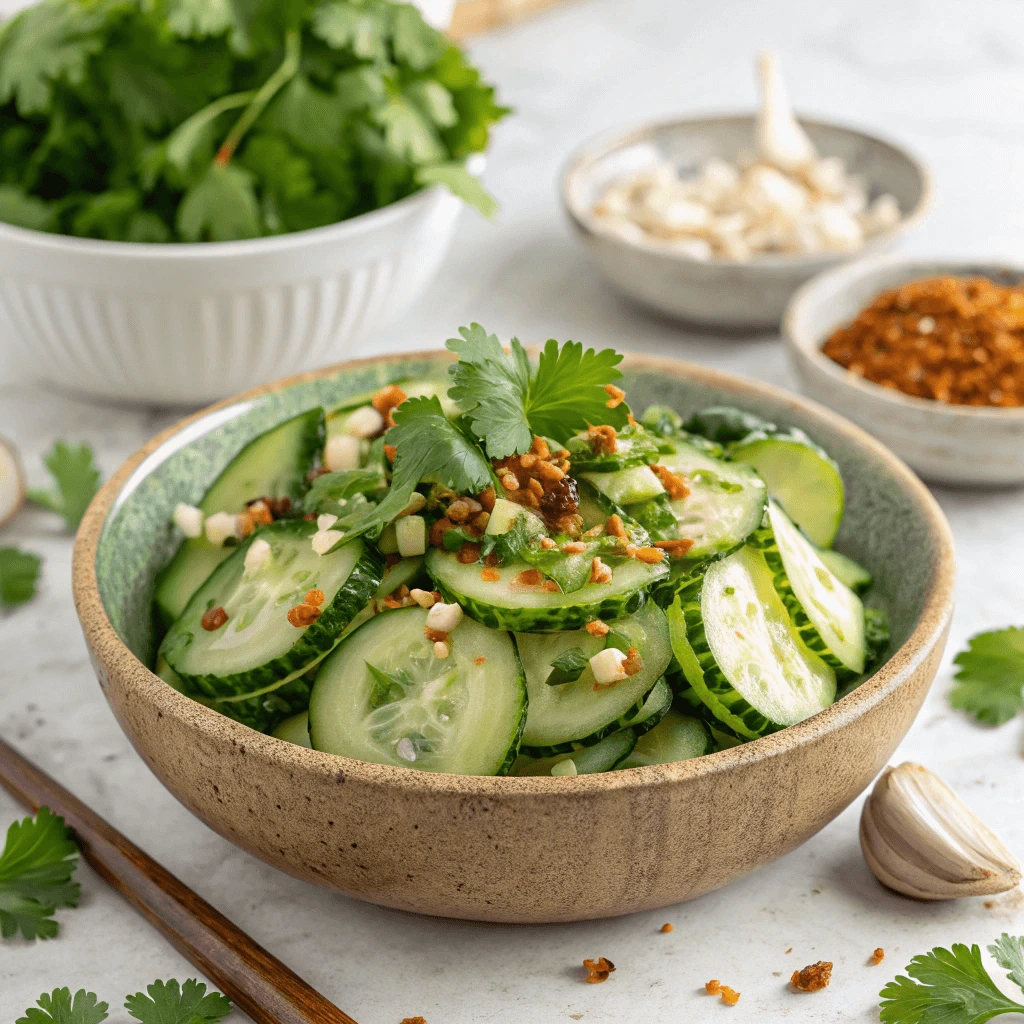 A vibrant bowl of spicy cucumber salad topped with cilantro and garlic