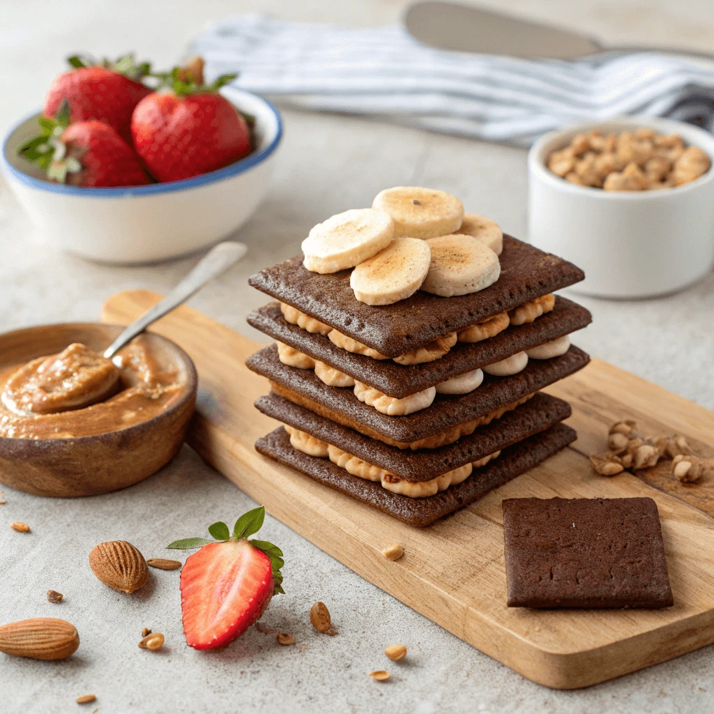 Stack of homemade chocolate graham crackers served with nut butter and fruit
