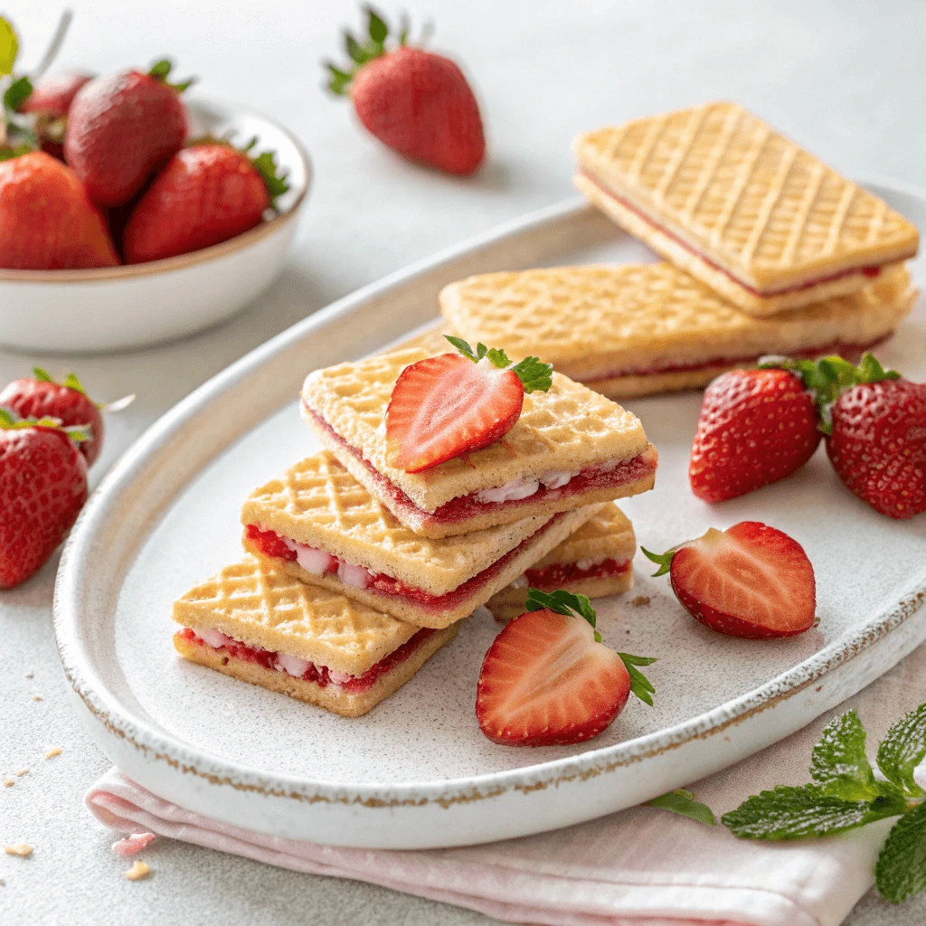 Strawberry wafers with fresh strawberries in the background.