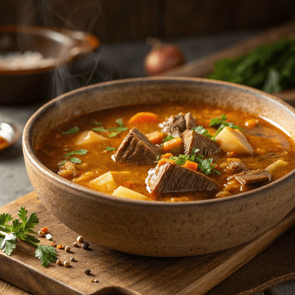 Close-up of a steaming bowl of carnivore soup with chunks of tender meat and broth.