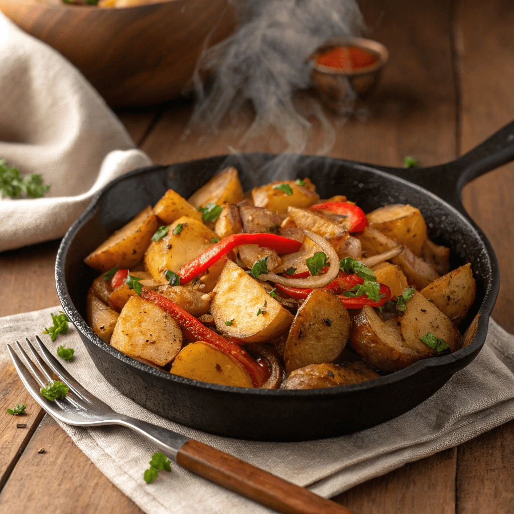 Smothered potatoes with crispy edges served on a white plate with green garnish