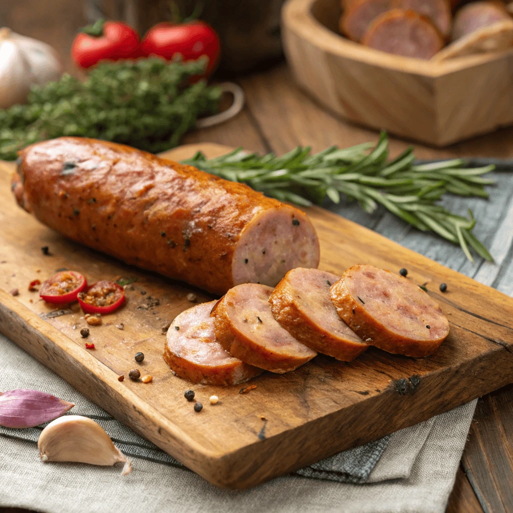 Close-up of Chicken Andouille Sausage sliced on a cutting board