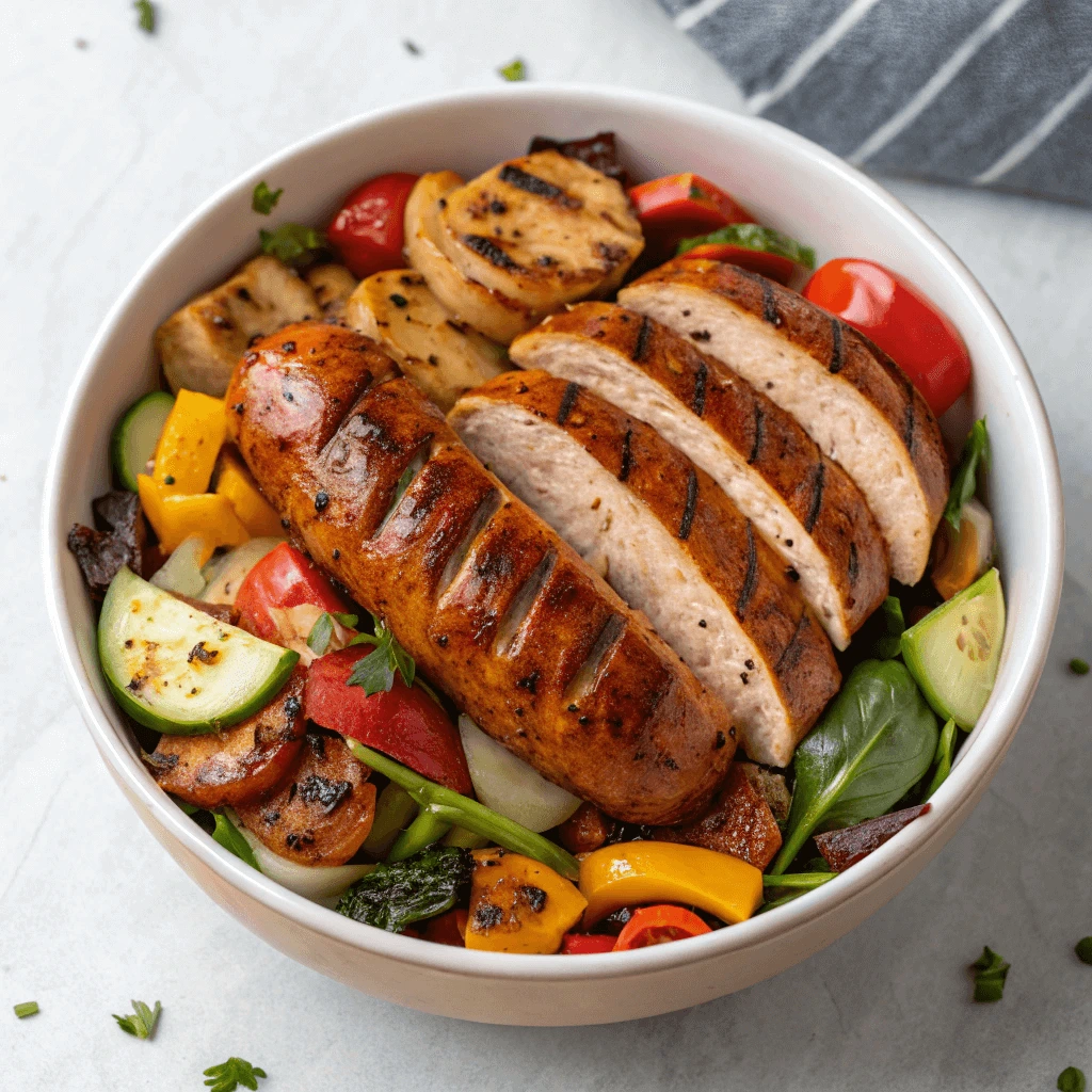 Grilled Chicken Andouille Sausage with vegetables on a plate.