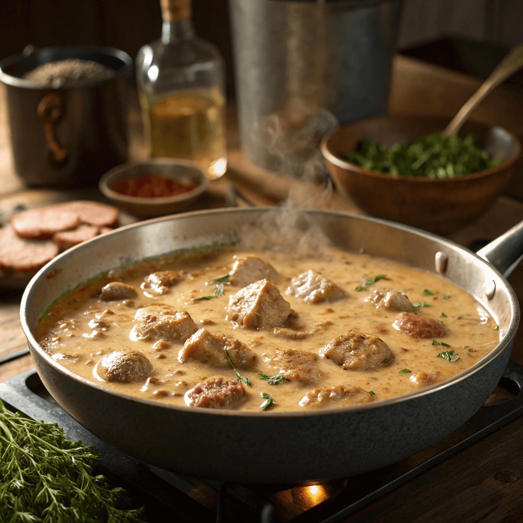 Turkey fat gravy with sausage simmering in a pot.