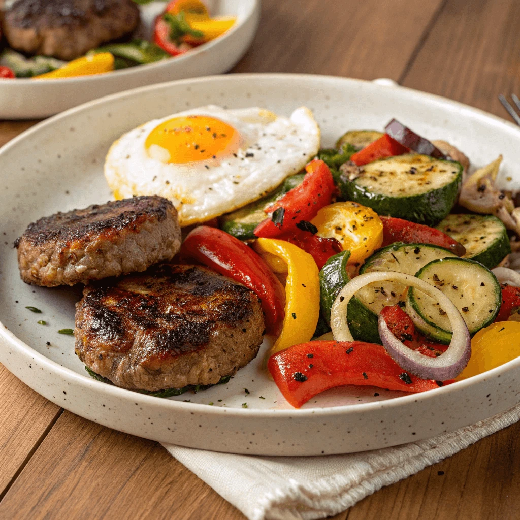 Turkey sausage patties served with sautéed vegetables and a fried egg.