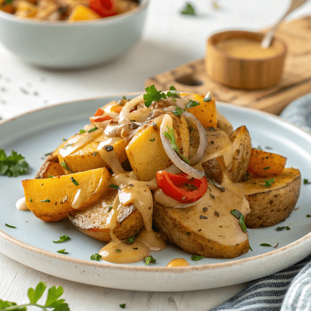 Vegan smothered potatoes with a creamy vegan sauce