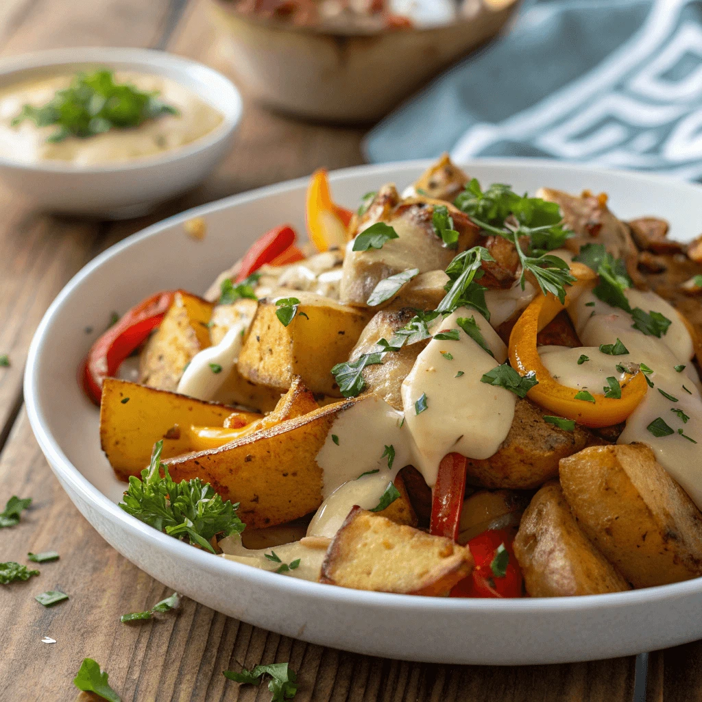 Vegan smothered potatoes garnished with fresh herbs