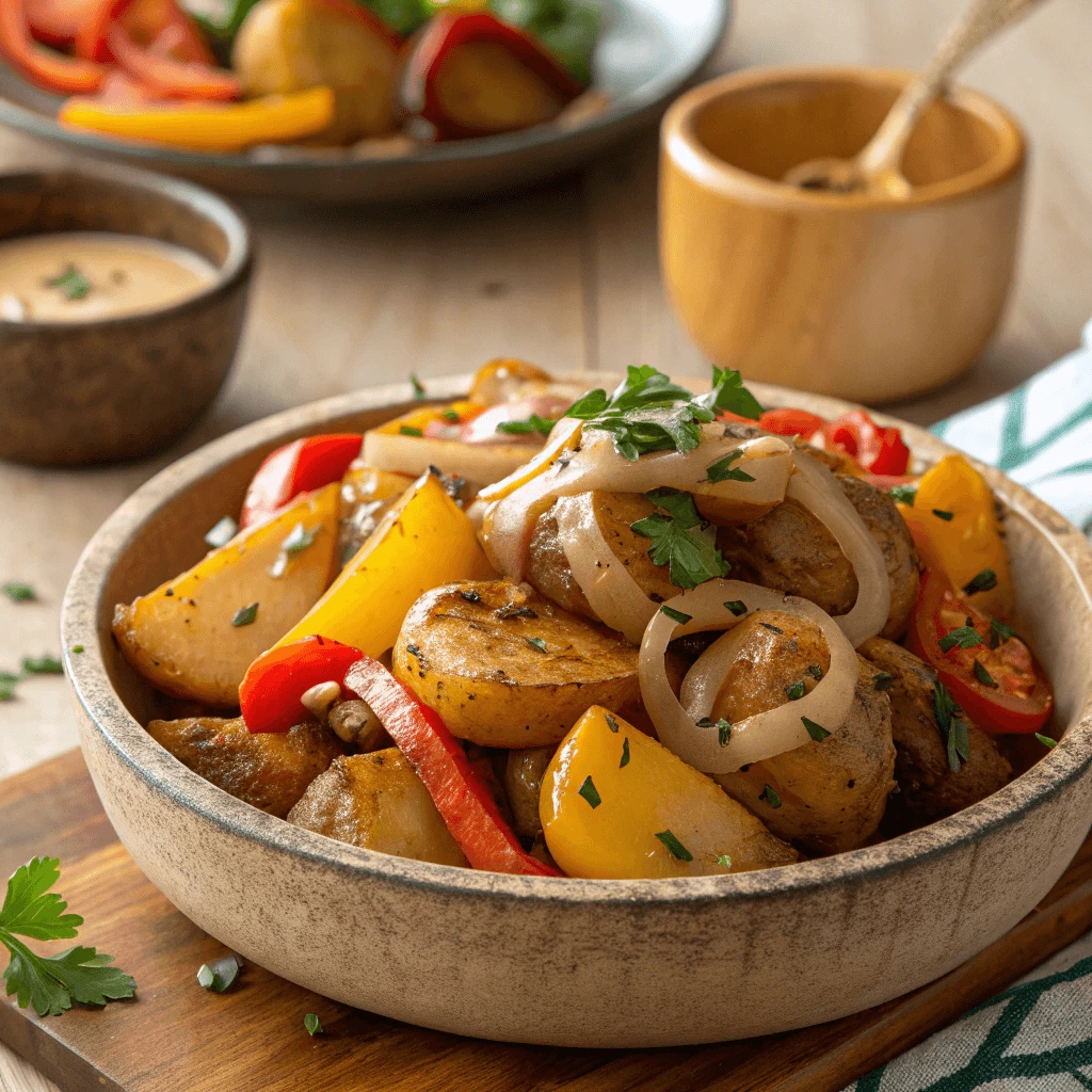 Vegan smothered potatoes with bell peppers and onions