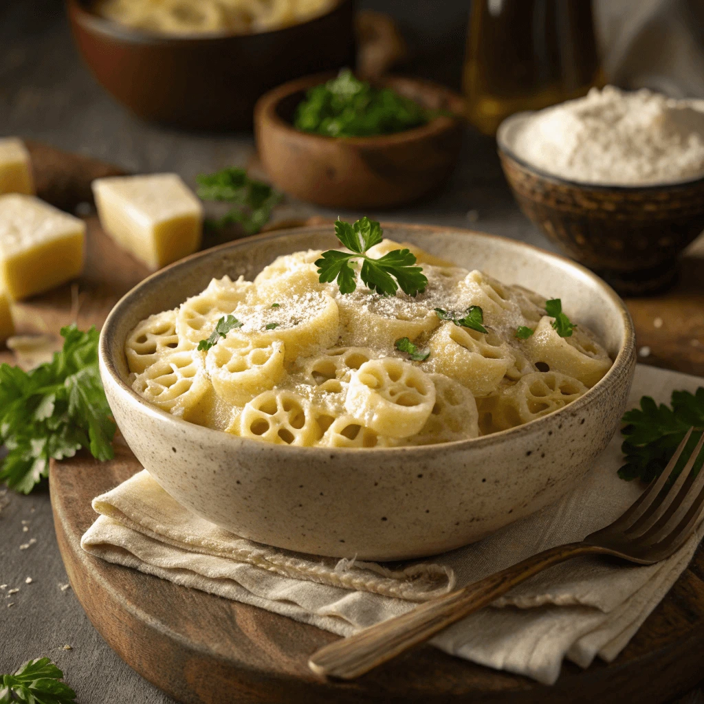 Wagon wheel pasta topped with creamy Alfredo sauce.