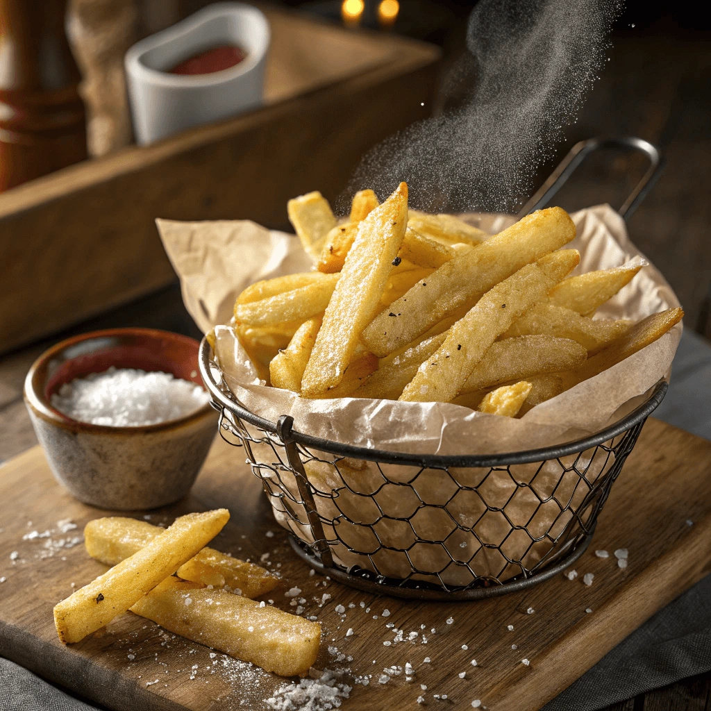 A close-up of crispy Kennebec fries with a golden exterior and soft interior.