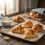 Freshly baked easy homemade mini croissants on a wooden board