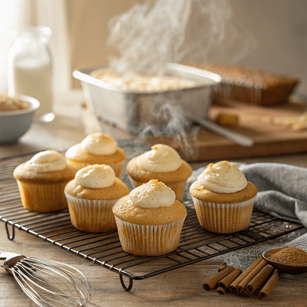 A tray of gluten-free cupcakes cooling on a kitchen counter