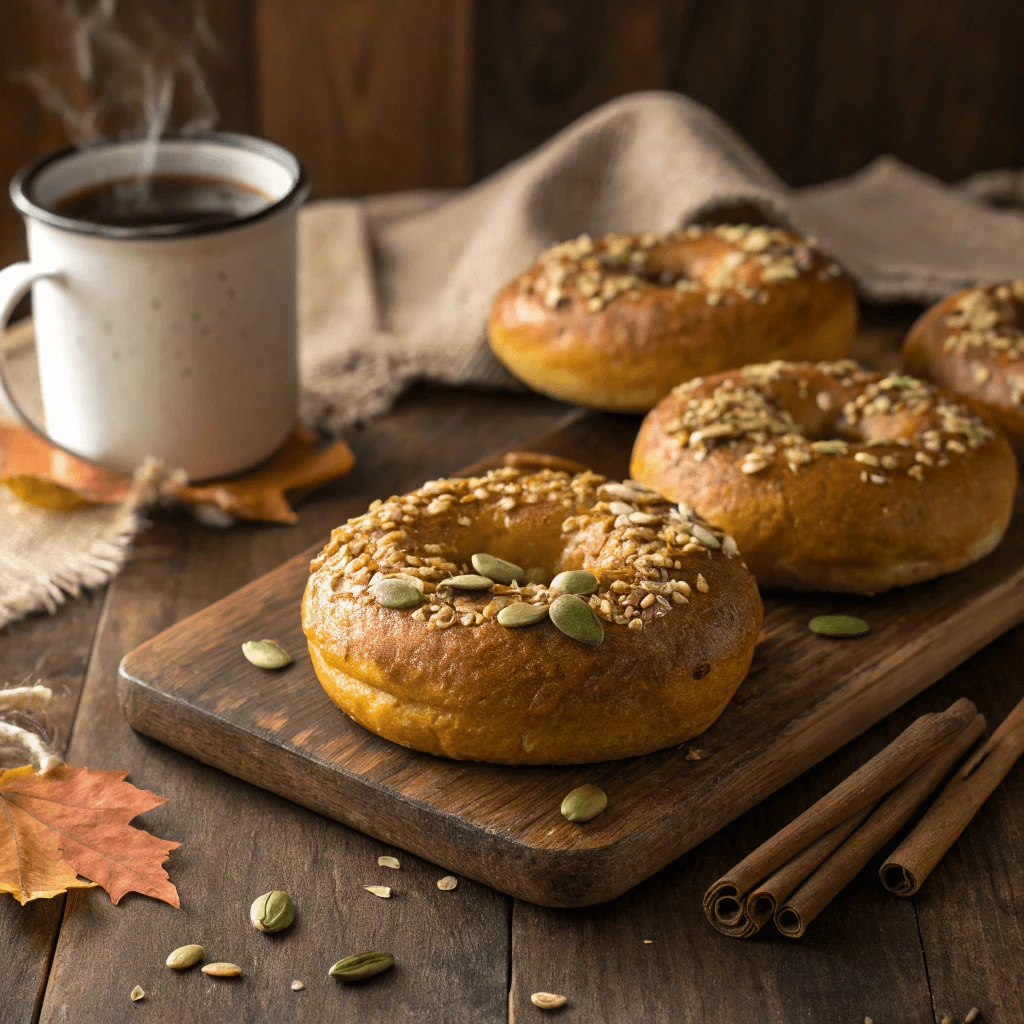 Freshly baked healthy pumpkin bagels on a rustic wooden table.