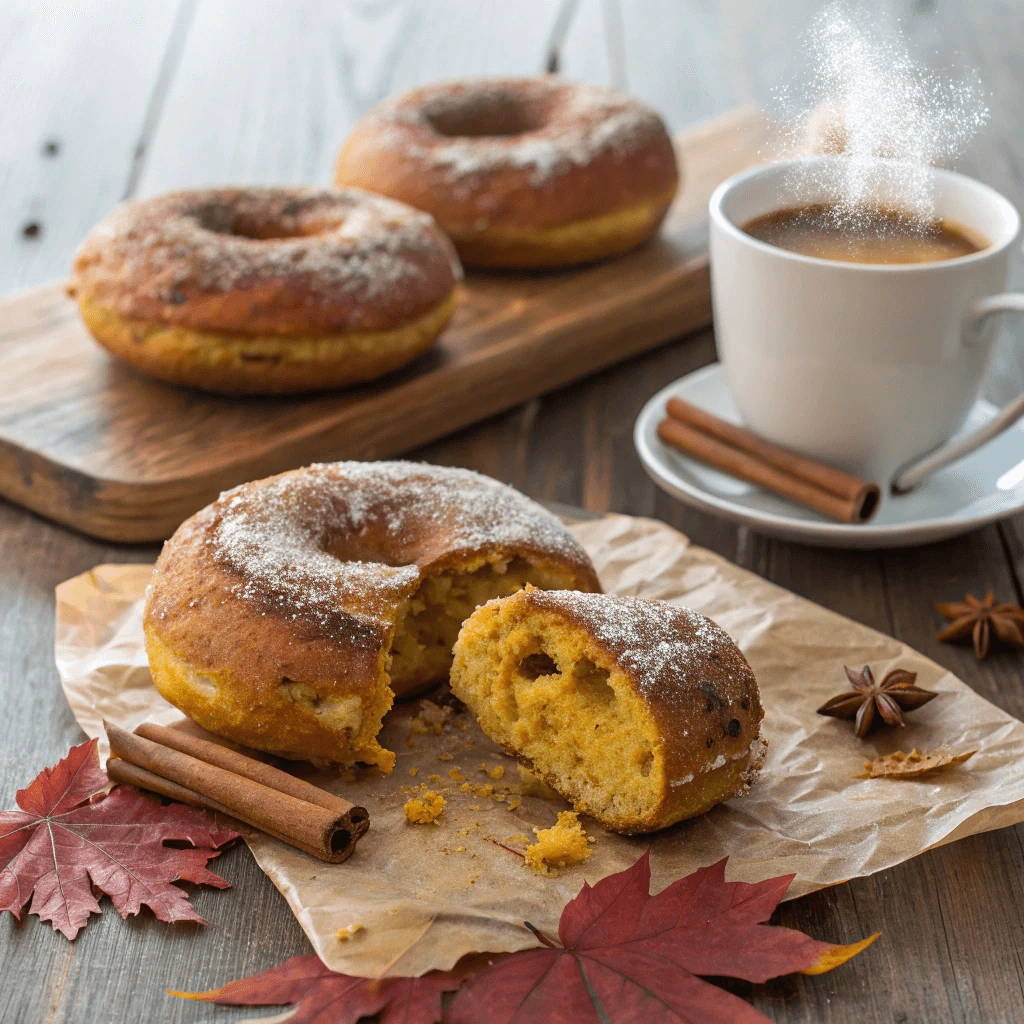 Pumpkin bagels on a wooden board, surrounded by fall spices like cinnamon and nutmeg.