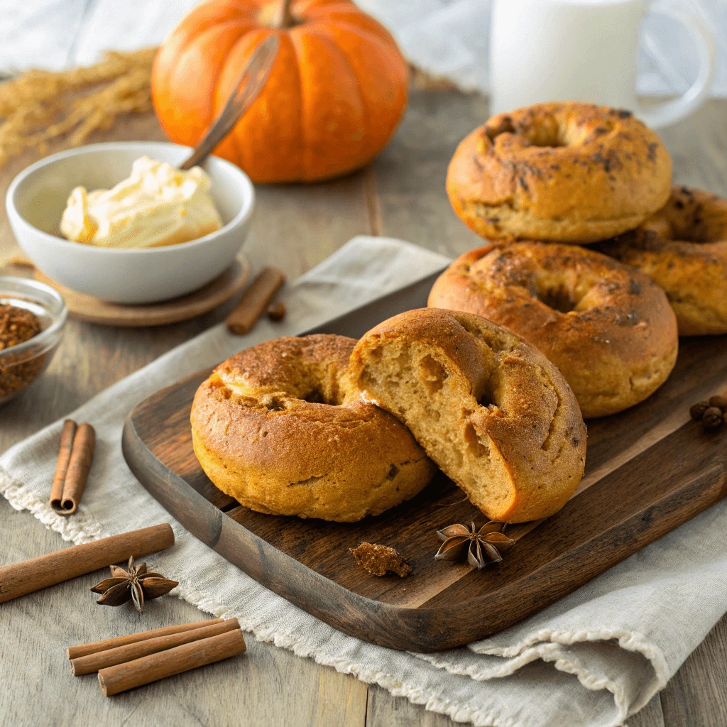 Freshly baked pumpkin bagels with a golden crust and a sprinkle of cinnamon sugar.