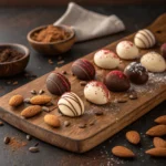 A bowl of chocolate-covered almonds with different chocolate coatings.