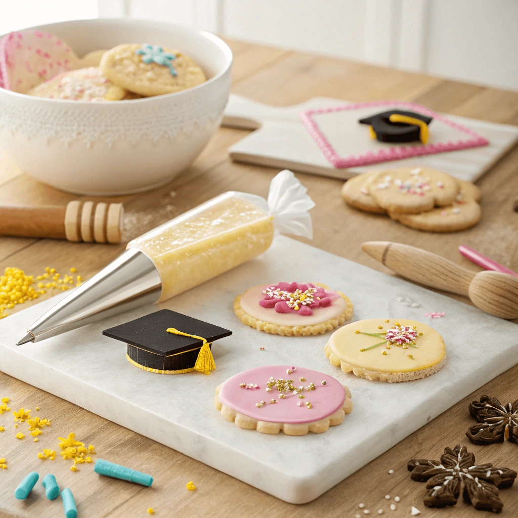 Essential tools and ingredients for decorating graduation cookies.