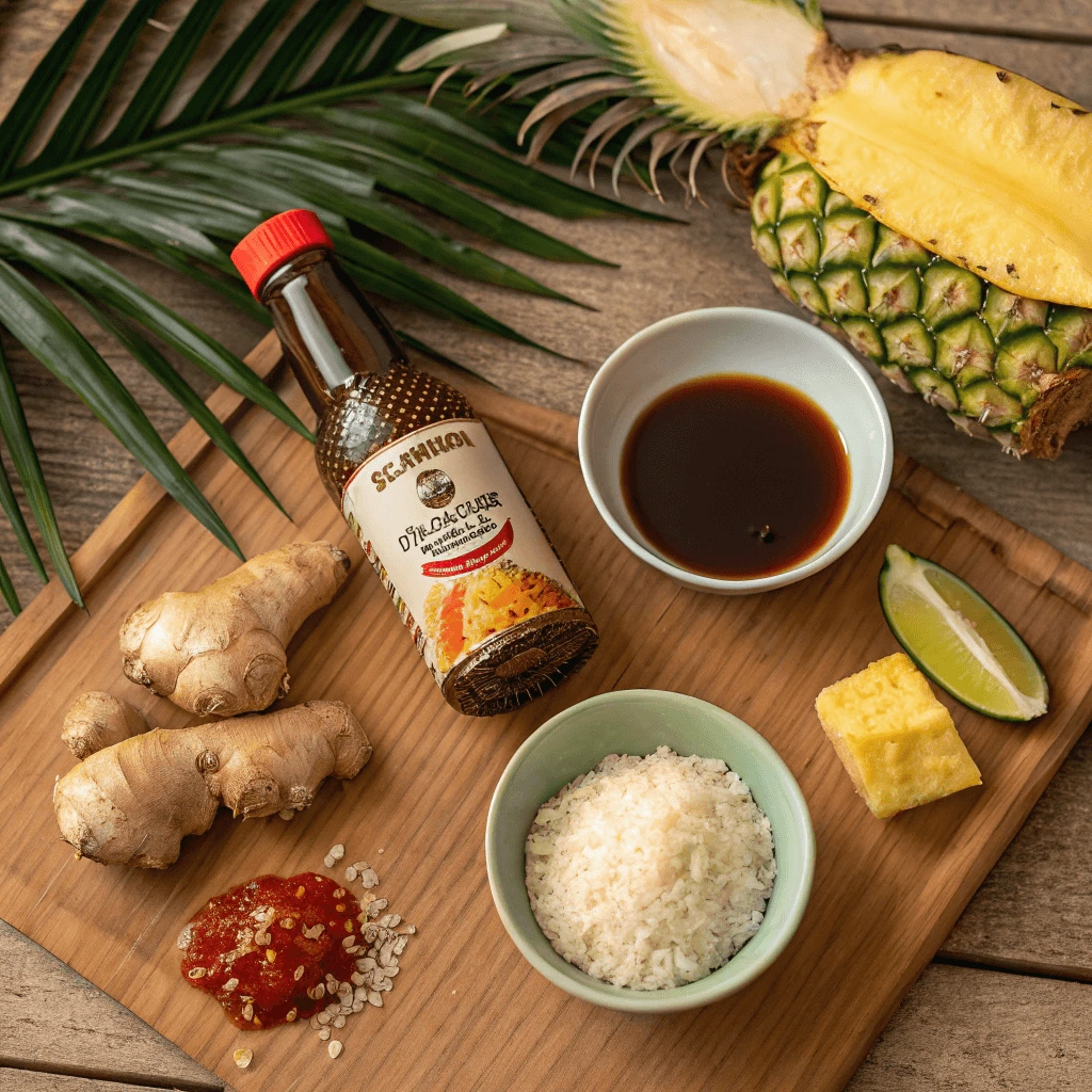 Yummy Buli Huli Chicken marinade ingredients laid out on a countertop