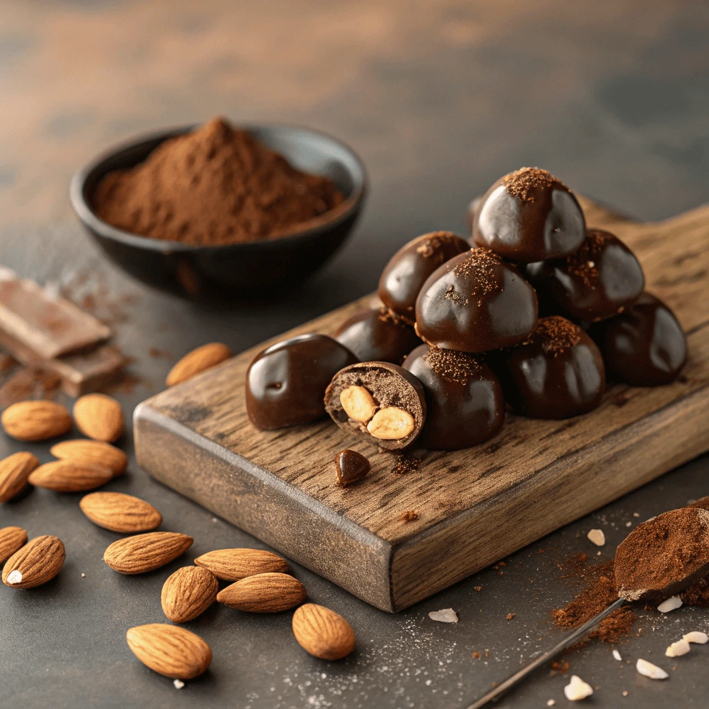 A close-up of homemade chocolate covered almonds.