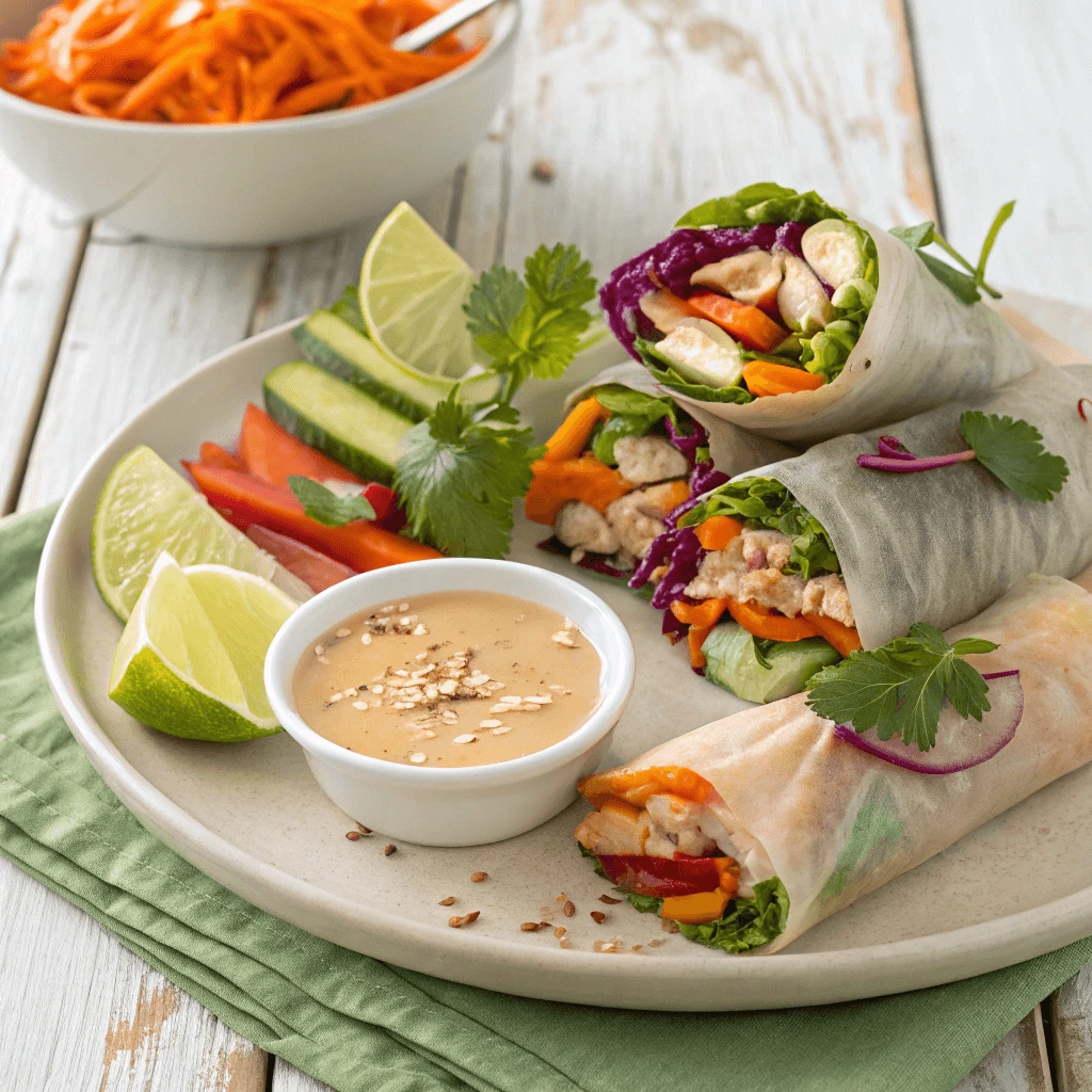 Colorful vegetable and grilled chicken rolls on a plate.