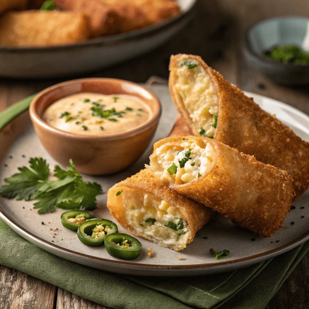 Plate of crispy egg rolls served with dipping sauce