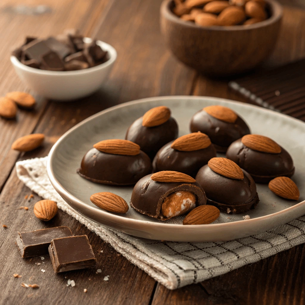 Close-up of chocolate-covered almonds on a plate 