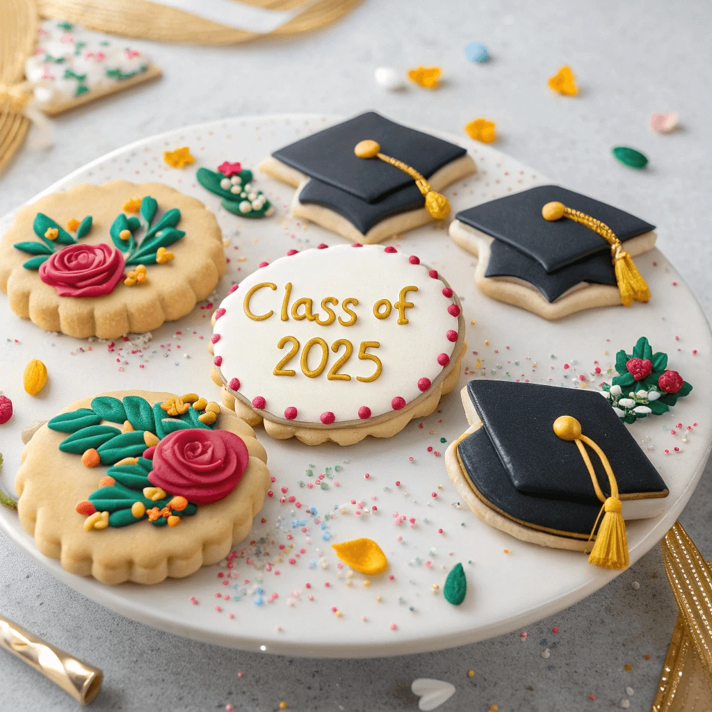 A tray of assorted graduation-themed cookies, including caps, diplomas, and "Congrats Grad" designs.