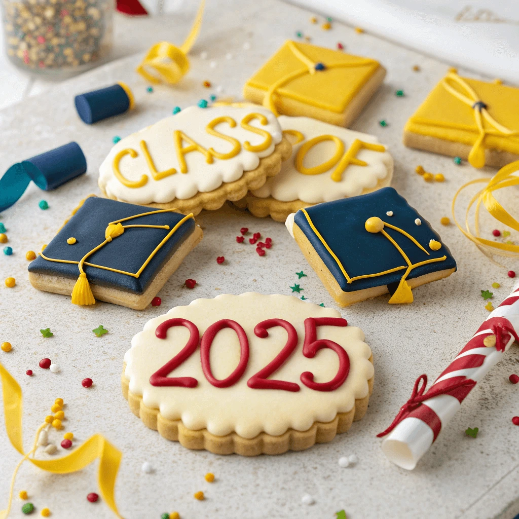 A set of cookies spelling out "Class of 2025" with blue and gold icing.