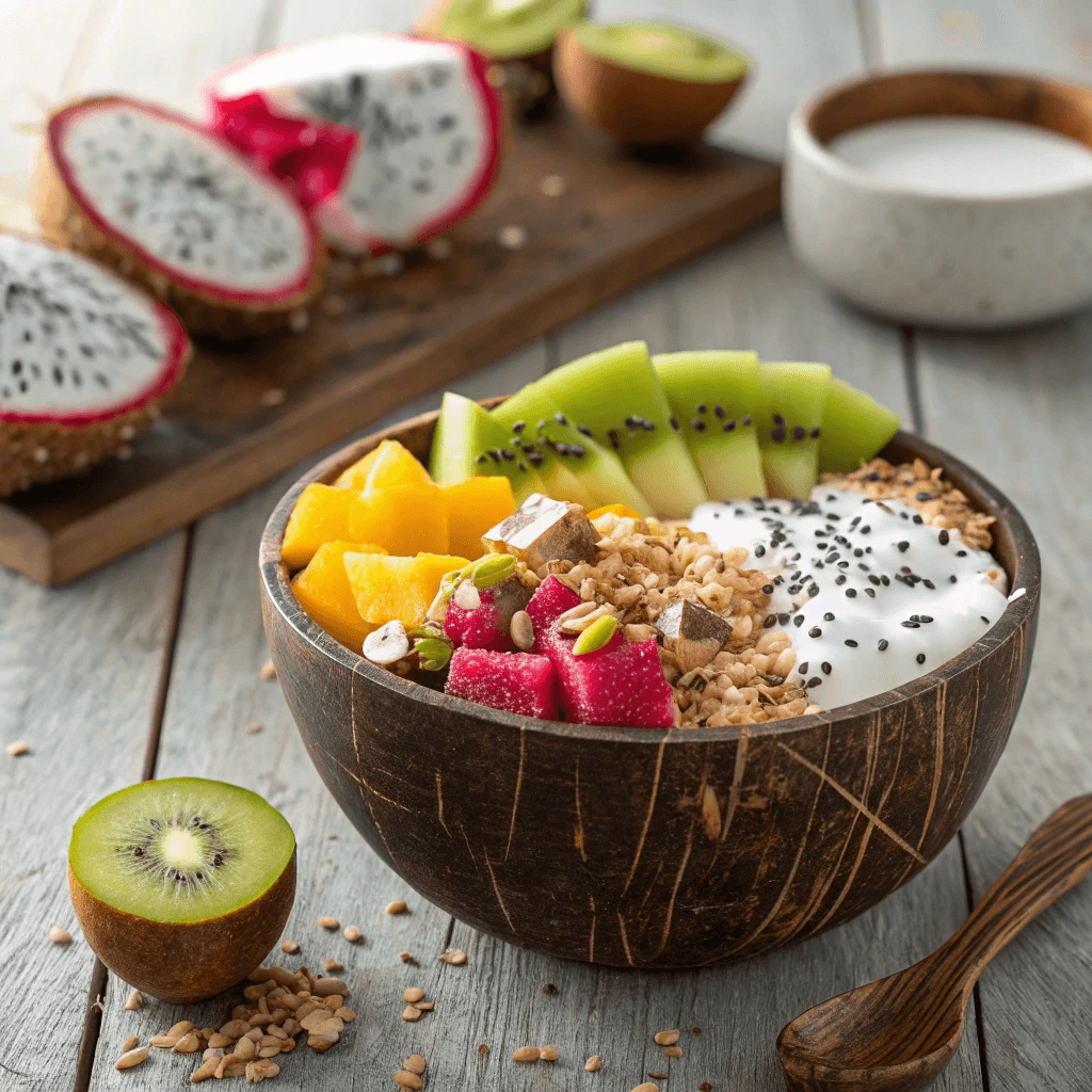 Step-by-step guide to making a coconut bowl with smooth base and colorful toppings