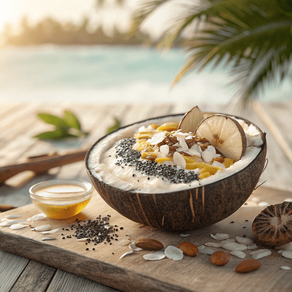 Tropical coconut bowl topped with chia seeds, almonds, and coconut flakes.