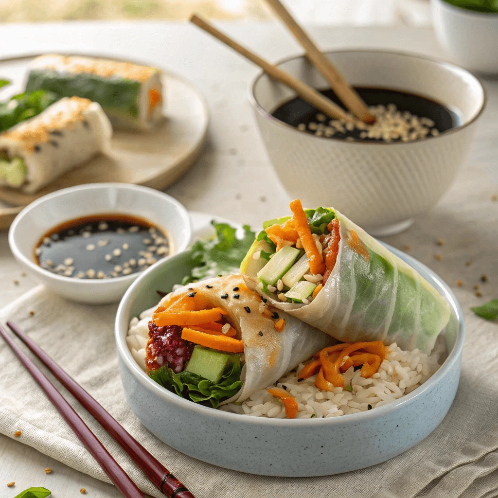 Colorful vegetable spring rolls served with a bowl of rice and fresh toppings