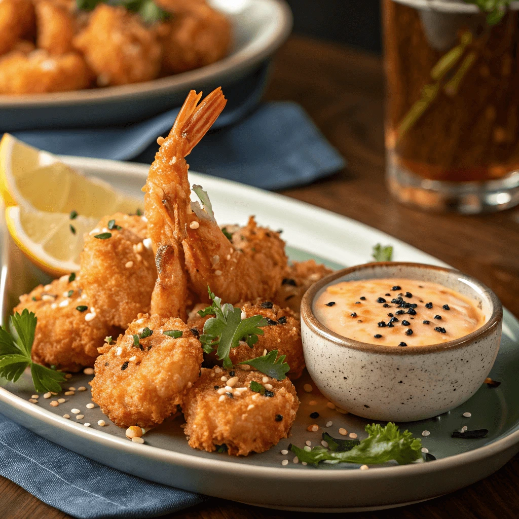 Boom Boom Shrimp plated with garnishes and dipping sauce on the side.