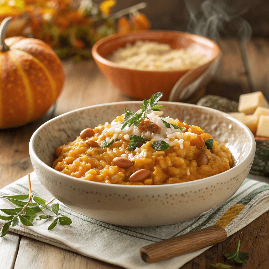 Creamy pumpkin risotto with beans served in a bowl