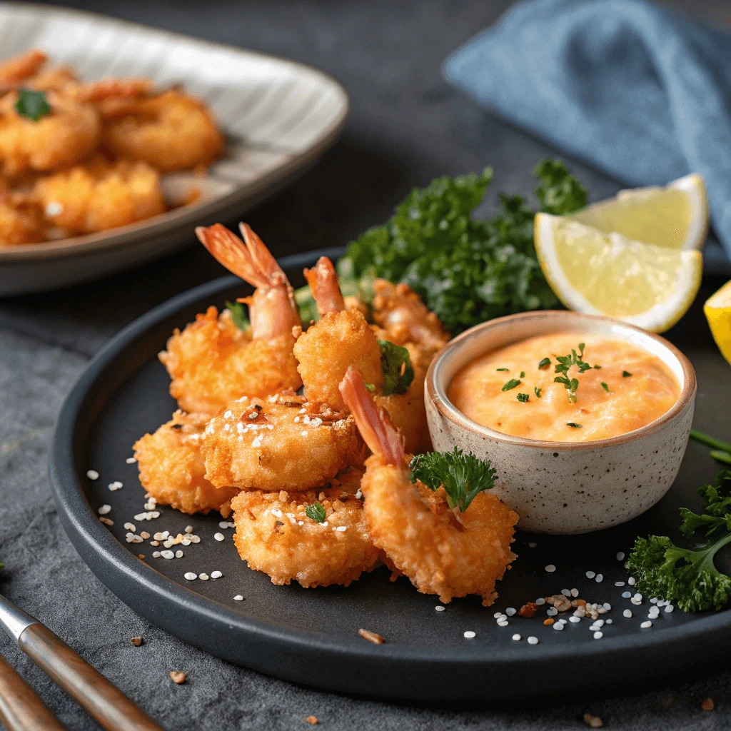 Plated Air Fryer Boom Boom Shrimp with garnishes and dipping sauce