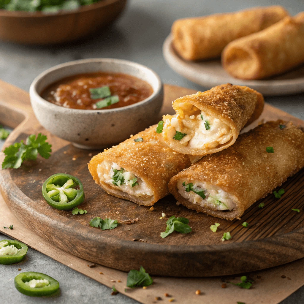 Crispy goat cheese and jalapeno egg rolls served with garnish