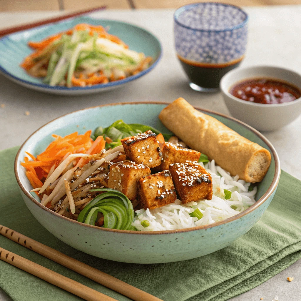 Tofu rice bowl with a side of vegetarian spring rolls