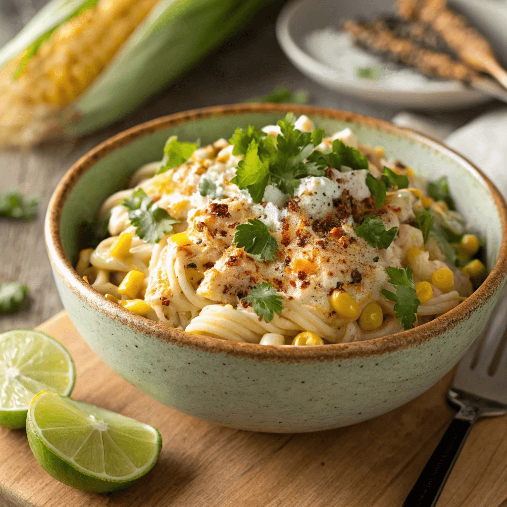 Elote Pasta Salad served in a white bowl with fresh garnishes