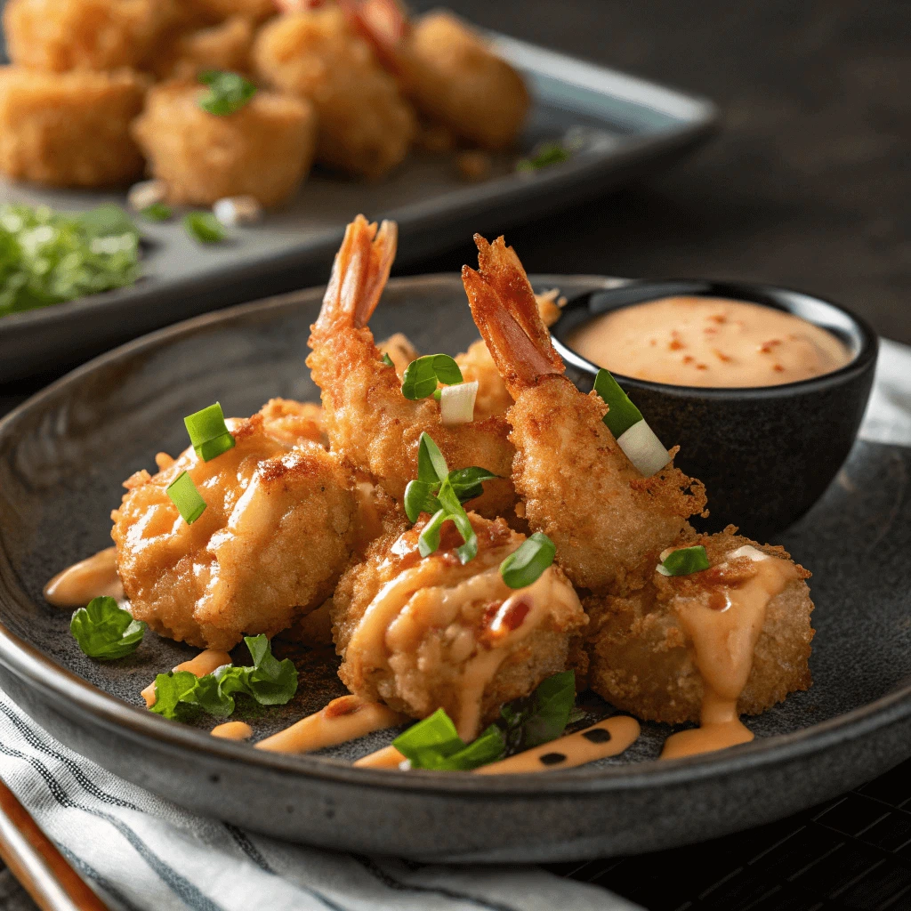 Plate of Boom Boom Shrimp with fresh herbs and sauce