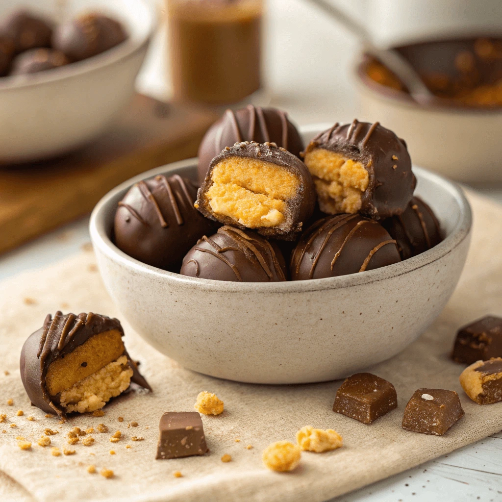 Cheez-It Peanut Butter and Chocolate Bites in a bowl with a few bites missing