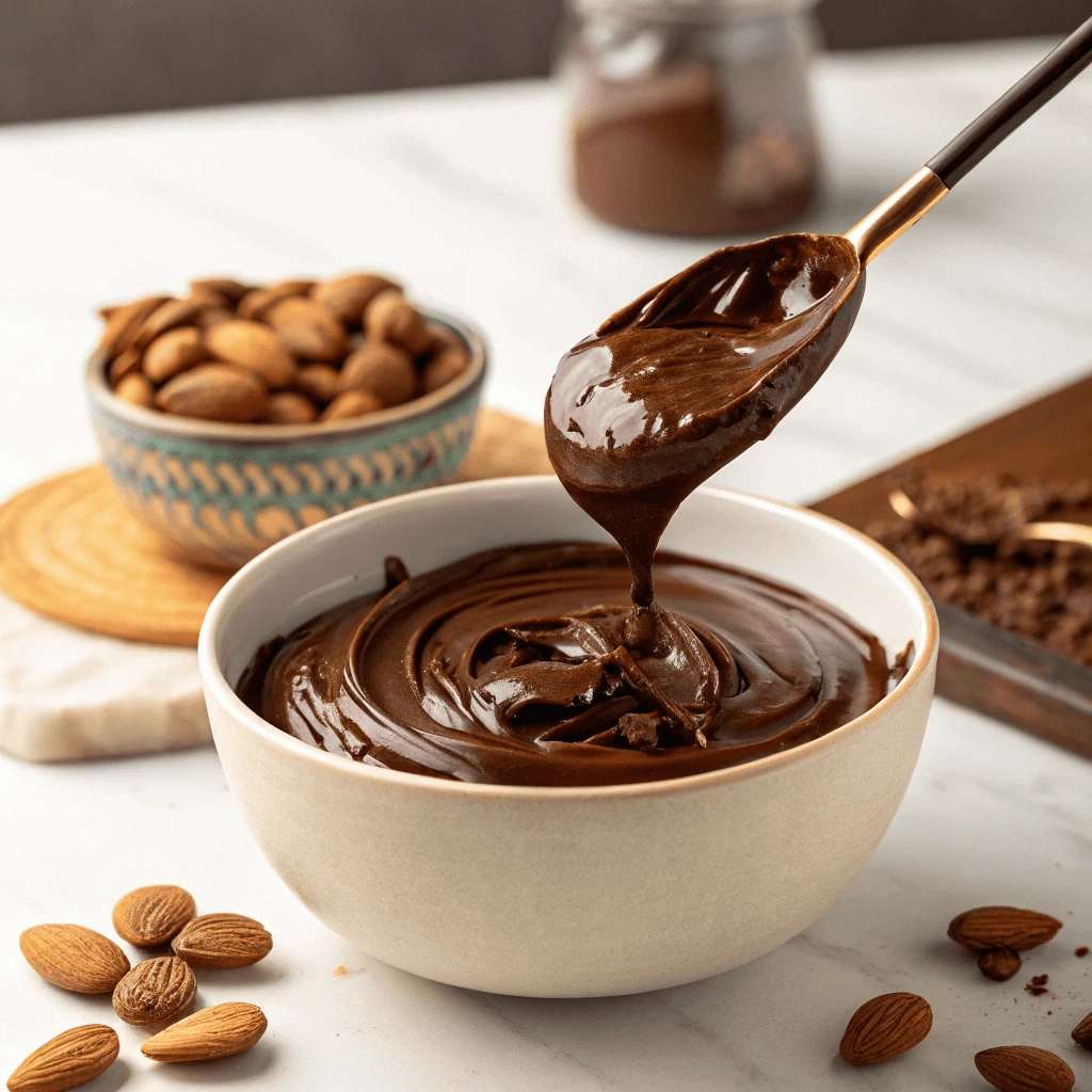 Melting chocolate in a bowl with almonds nearby.