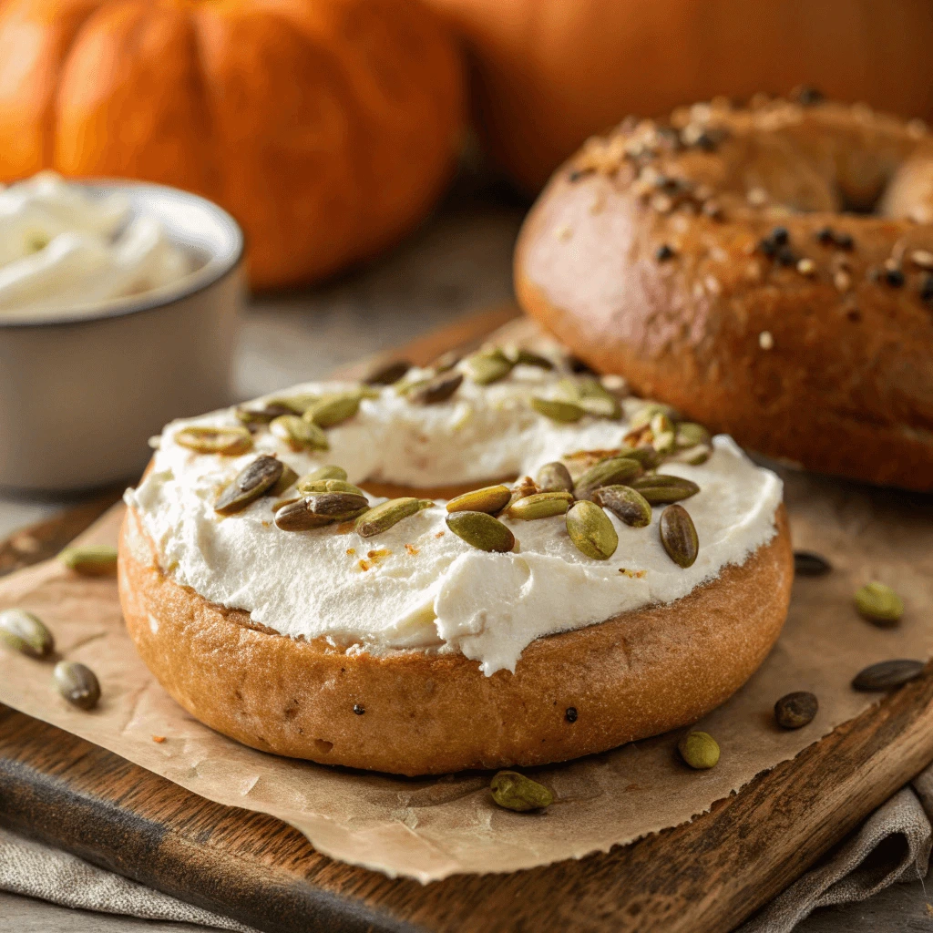 Healthy pumpkin bagels topped with cream cheese and pumpkin seeds.