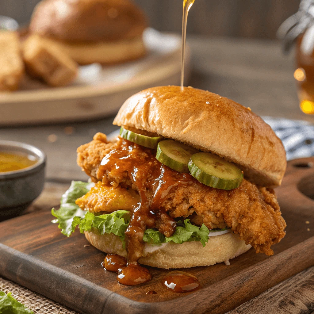 Hot Honey Chicken Sandwich with crispy chicken, spicy honey sauce, and fresh toppings on a soft bun.