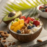 A close-up of a tropical coconut bowl with a smoothie base, fruits, and nuts.