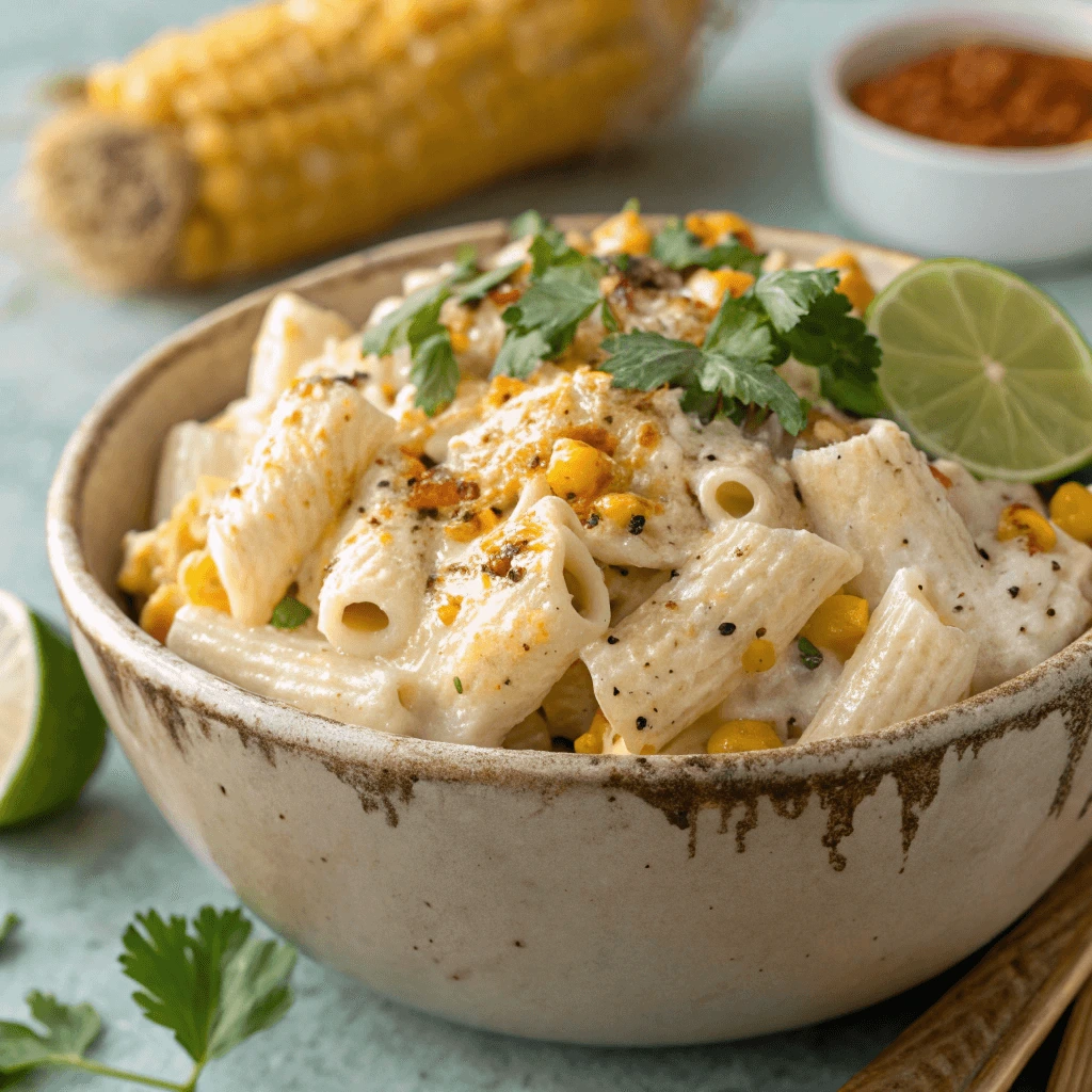 A close-up of a serving of Elote Pasta Salad with creamy dressing and corn