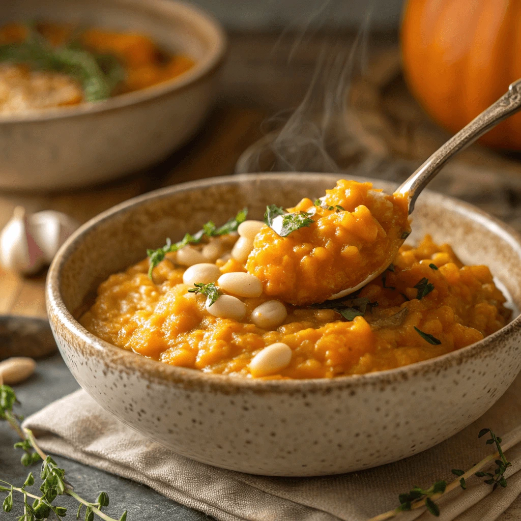 Spoonful of creamy pumpkin risotto with beans on a plate.